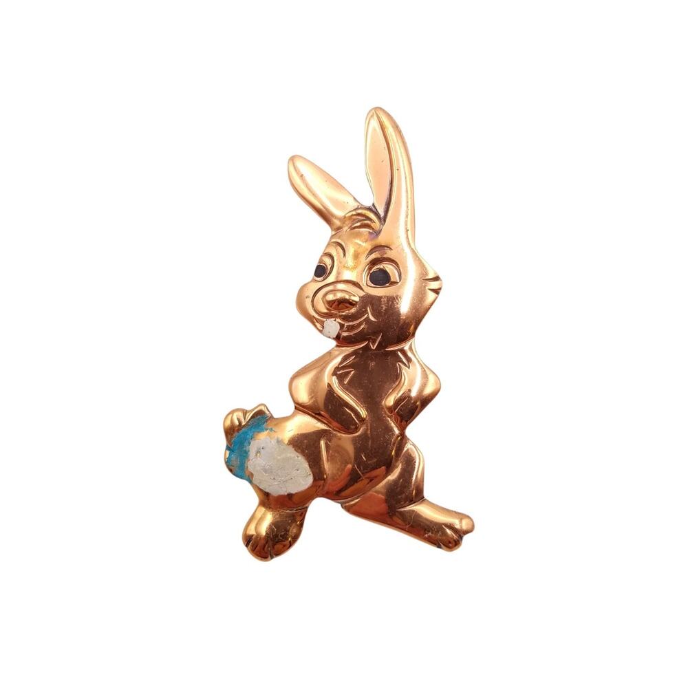 Vintage Brooch Stamped Copper Bunny Rabbit Mid Century Cartoon Painted Novelty